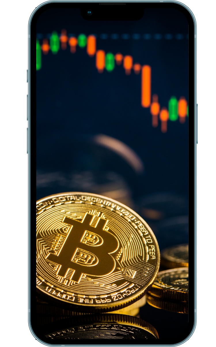 Smartphone displaying Bitcoin trading charts with gold Bitcoin coins
